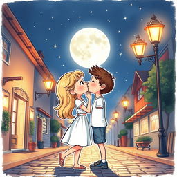 A whimsical and cute drawing of a blonde girl kissing a brown-haired guy under a bright full moon