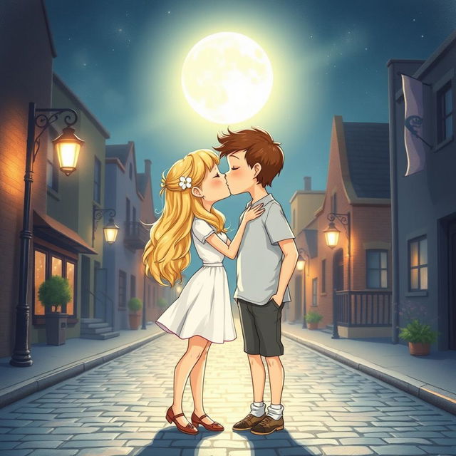 A delightful and cute drawing of a blonde girl kissing a brown-haired guy, illuminated by a bright full moon shining above them