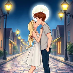 A delightful and cute drawing of a blonde girl kissing a brown-haired guy, illuminated by a bright full moon shining above them