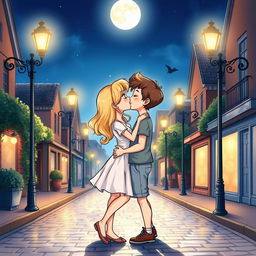 A delightful and cute drawing of a blonde girl kissing a brown-haired guy, illuminated by a bright full moon shining above them