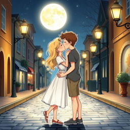 A delightful and cute drawing of a blonde girl kissing a brown-haired guy, illuminated by a bright full moon shining above them