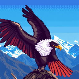 A majestic Andean condor depicted in pixel art style, showcasing its impressive wingspan and distinctive white feathers around its neck