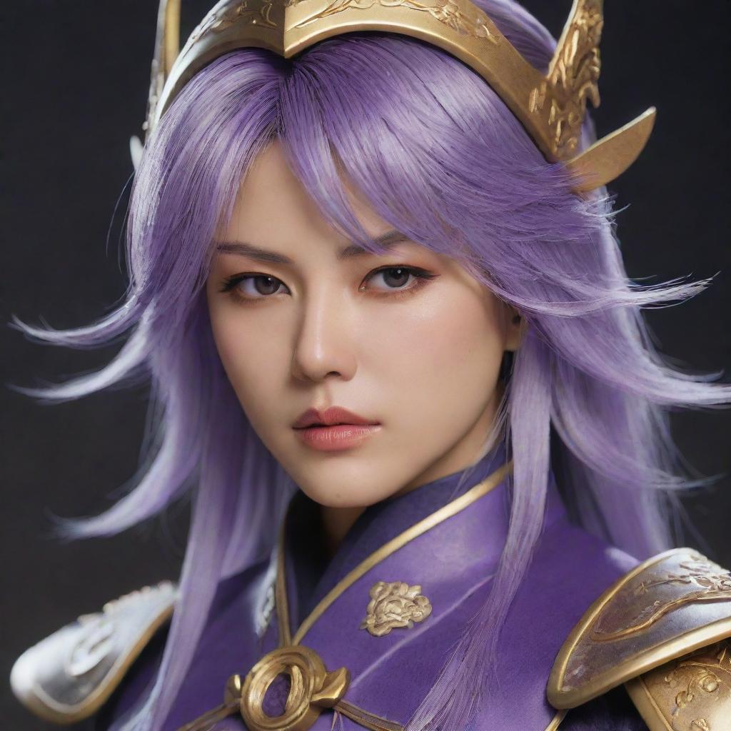 A detailed and realistic portrait of Raiden Shogun from Genshin Impact, showcasing her elegant purple and gold attire, and her stern, determined expression.