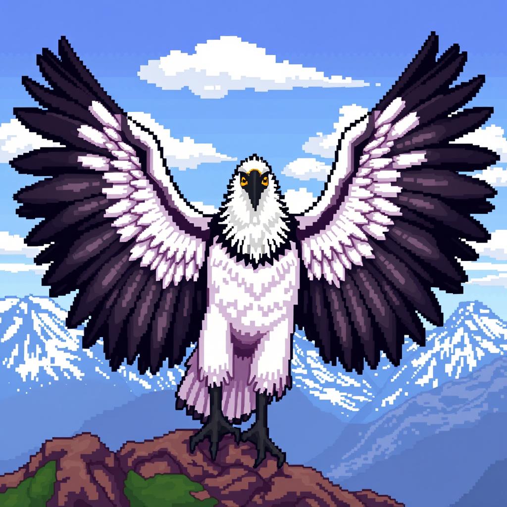 A majestic Andean condor depicted in pixel art style, showcasing its impressive wingspan and distinctive white feathers around its neck