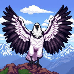 A majestic Andean condor depicted in pixel art style, showcasing its impressive wingspan and distinctive white feathers around its neck