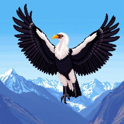 A majestic Andean condor depicted in pixel art style, showcasing its impressive wingspan and distinctive white feathers around its neck