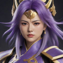 A detailed and realistic portrait of Raiden Shogun from Genshin Impact, showcasing her elegant purple and gold attire, and her stern, determined expression.