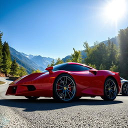 A sleek, modern sports car, with a vibrant red exterior and glossy finish, parked on a winding mountain road