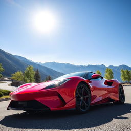 A sleek, modern sports car, with a vibrant red exterior and glossy finish, parked on a winding mountain road