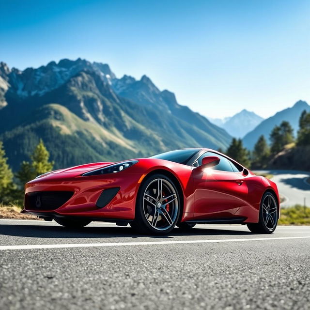 A sleek, modern sports car, with a vibrant red exterior and glossy finish, parked on a winding mountain road