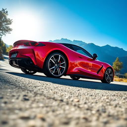 A sleek, modern sports car, with a vibrant red exterior and glossy finish, parked on a winding mountain road