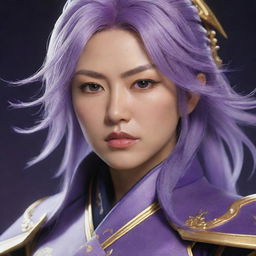 A detailed and realistic portrait of Raiden Shogun from Genshin Impact, showcasing her elegant purple and gold attire, and her stern, determined expression.