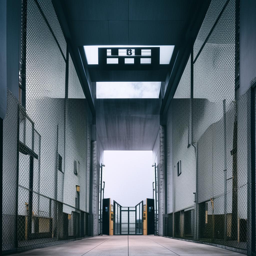 A frontal view of the entrance to a state-of-the-art maximum-security penitentiary, showcasing secured gates, advanced surveillance technology, and intimidating structural design.