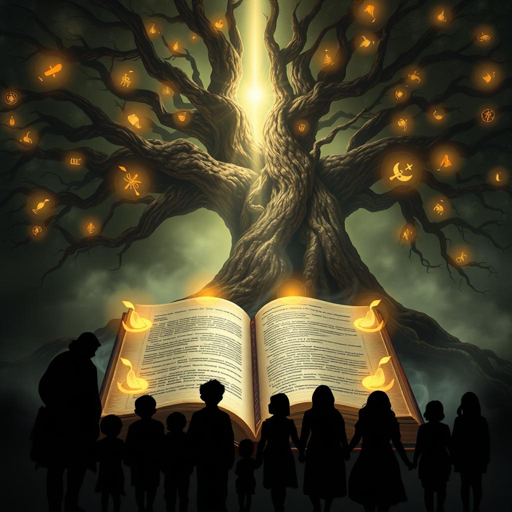 A mystical scene depicting the concept of 'O Segredo da Sabedoria Familiar', featuring an ancient, open book surrounded by glowing symbols of knowledge and wisdom