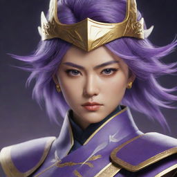 A detailed and realistic portrait of Raiden Shogun from Genshin Impact, showcasing her elegant purple and gold attire, and her stern, determined expression.