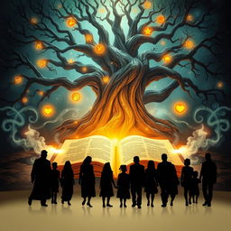 A mystical scene depicting the concept of 'O Segredo da Sabedoria Familiar', featuring an ancient, open book surrounded by glowing symbols of knowledge and wisdom