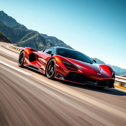 A breathtaking supercar driving at high speed on a winding mountain road, showcasing its sleek design and vibrant color, reflecting the sunlight off its polished surface