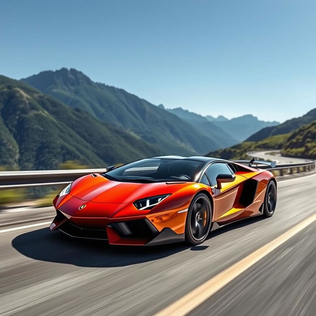 A breathtaking supercar driving at high speed on a winding mountain road, showcasing its sleek design and vibrant color, reflecting the sunlight off its polished surface