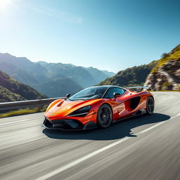 A breathtaking supercar driving at high speed on a winding mountain road, showcasing its sleek design and vibrant color, reflecting the sunlight off its polished surface