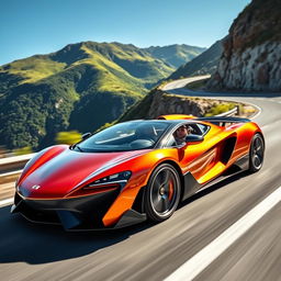 A breathtaking supercar driving at high speed on a winding mountain road, showcasing its sleek design and vibrant color, reflecting the sunlight off its polished surface