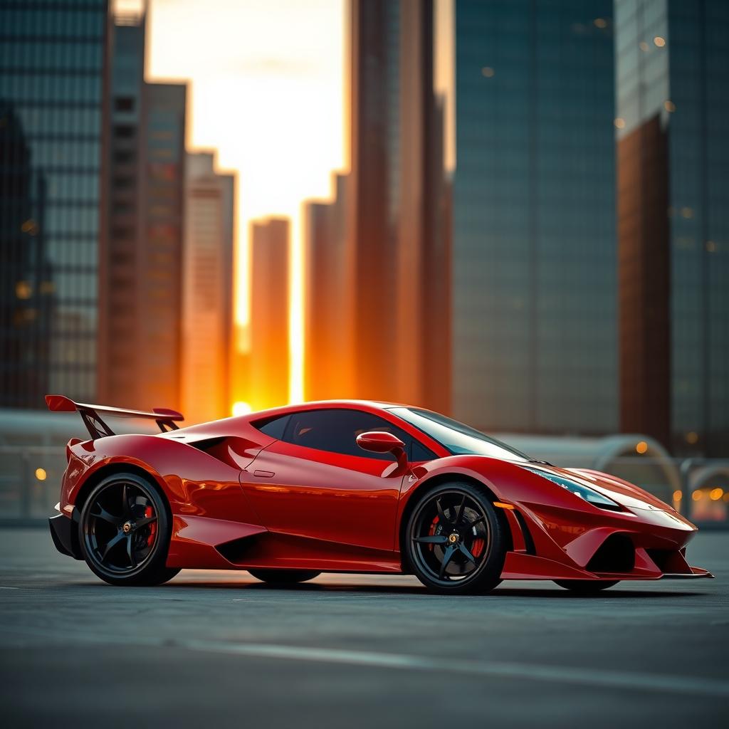 A stunning supercar parked in a sleek urban environment at sunset