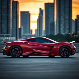 A stunning supercar parked in a sleek urban environment at sunset