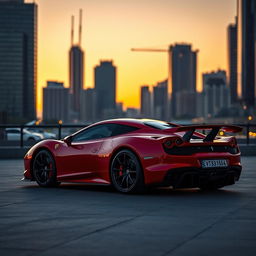 A stunning supercar parked in a sleek urban environment at sunset