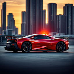 A stunning supercar parked in a sleek urban environment at sunset