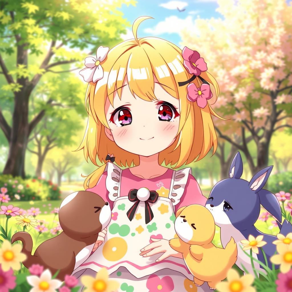 An anime-style illustration of a girl with vibrant yellow hair, showcasing her kindness with a warm smile as she interacts with various characters in a bright, cheerful setting