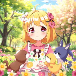 An anime-style illustration of a girl with vibrant yellow hair, showcasing her kindness with a warm smile as she interacts with various characters in a bright, cheerful setting