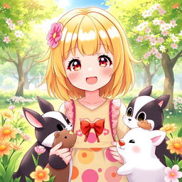 An anime-style illustration of a girl with vibrant yellow hair, showcasing her kindness with a warm smile as she interacts with various characters in a bright, cheerful setting