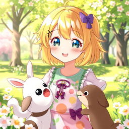 An anime-style illustration of a girl with vibrant yellow hair, showcasing her kindness with a warm smile as she interacts with various characters in a bright, cheerful setting