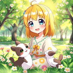 An anime-style illustration of a girl with vibrant yellow hair, showcasing her kindness with a warm smile as she interacts with various characters in a bright, cheerful setting