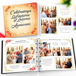 A beautifully designed retirement memory book, featuring a variety of images showcasing joyful retirement moments