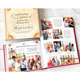 A beautifully designed retirement memory book, featuring a variety of images showcasing joyful retirement moments