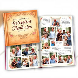 A beautifully designed retirement memory book, featuring a variety of images showcasing joyful retirement moments