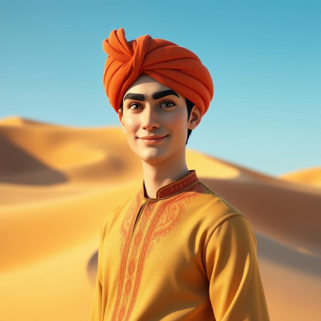 A 3D image of a handsome young man wearing a turban, standing confidently in the middle of a vast desert landscape