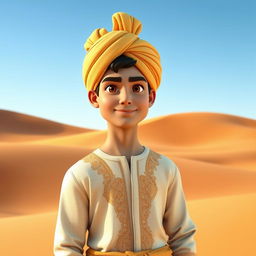 A 3D image of a handsome young man wearing a turban, standing confidently in the middle of a vast desert landscape