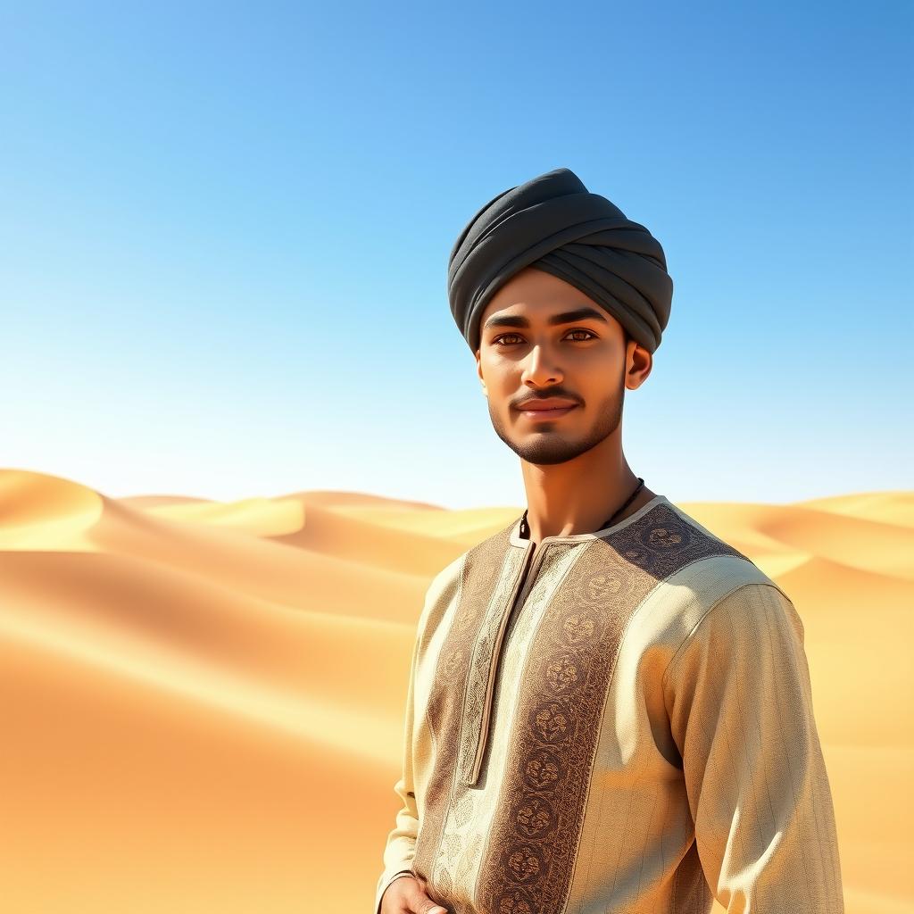 A 3D image of a handsome young man wearing a turban, standing confidently in the middle of a vast desert landscape