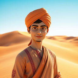 A 3D image of a handsome young man wearing a turban, standing confidently in the middle of a vast desert landscape