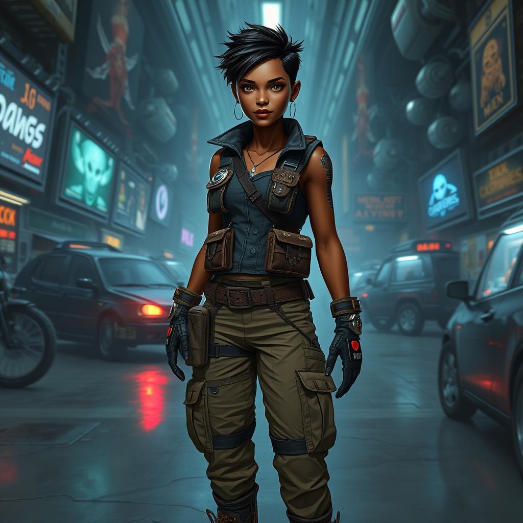 A dark-skinned female balosar smuggler, portrayed in a sci-fi setting