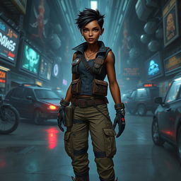 A dark-skinned female balosar smuggler, portrayed in a sci-fi setting