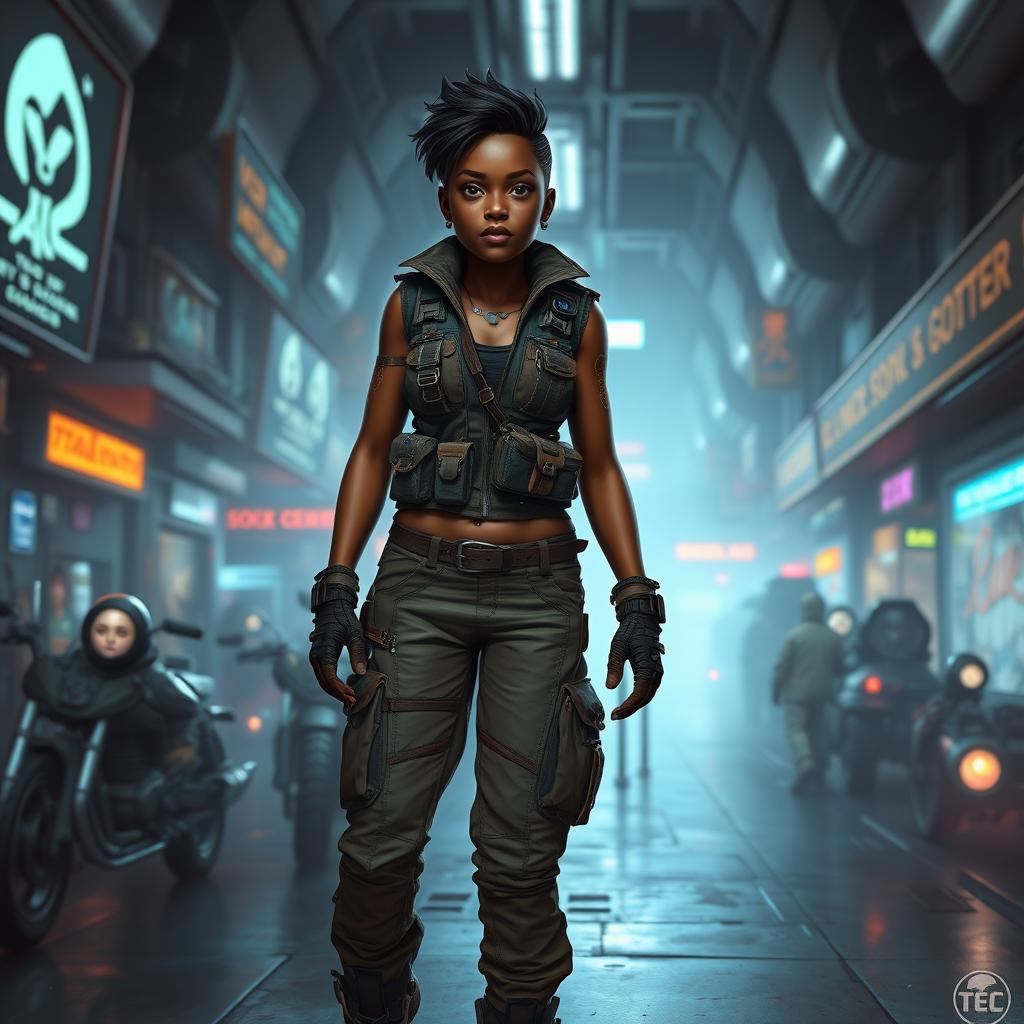 A dark-skinned female balosar smuggler, portrayed in a sci-fi setting