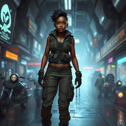 A dark-skinned female balosar smuggler, portrayed in a sci-fi setting