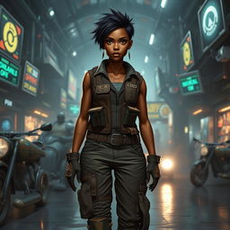 A dark-skinned female balosar smuggler, portrayed in a sci-fi setting