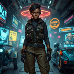 A dark-skinned female balosar smuggler, portrayed in a sci-fi setting