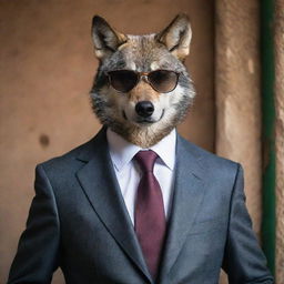 A sophisticated wolf wearing smoky glasses and a suit, located in a traditional Iranian setting.