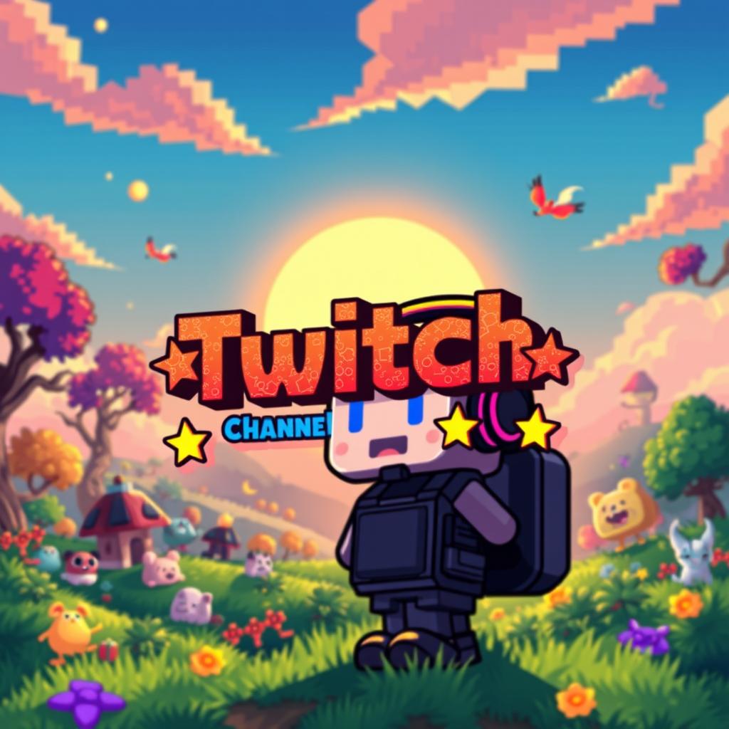 A vibrant and engaging 16:9 opener screen for a gaming Twitch channel featuring high quality pixel art