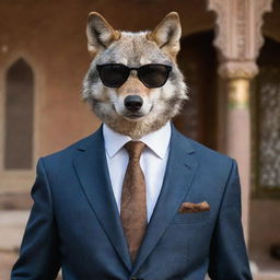 A sophisticated wolf wearing smoky glasses and a suit, located in a traditional Iranian setting.