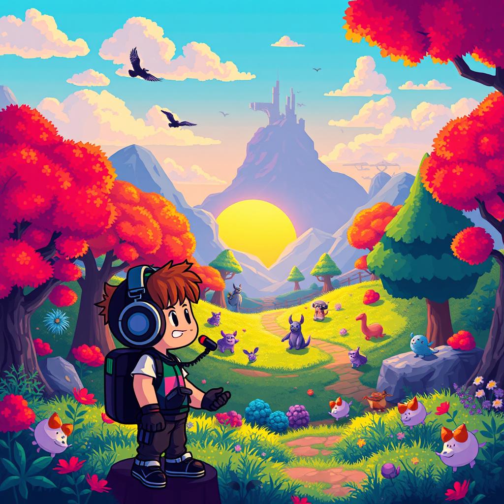 A vibrant and engaging 16:9 opener screen for a gaming Twitch channel featuring high quality pixel art